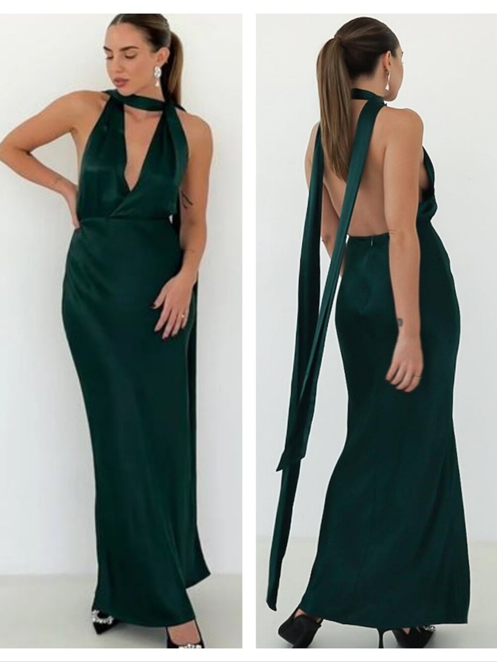 Rumored Emerald Pine Green Satin Halter Midi Dress Size Small